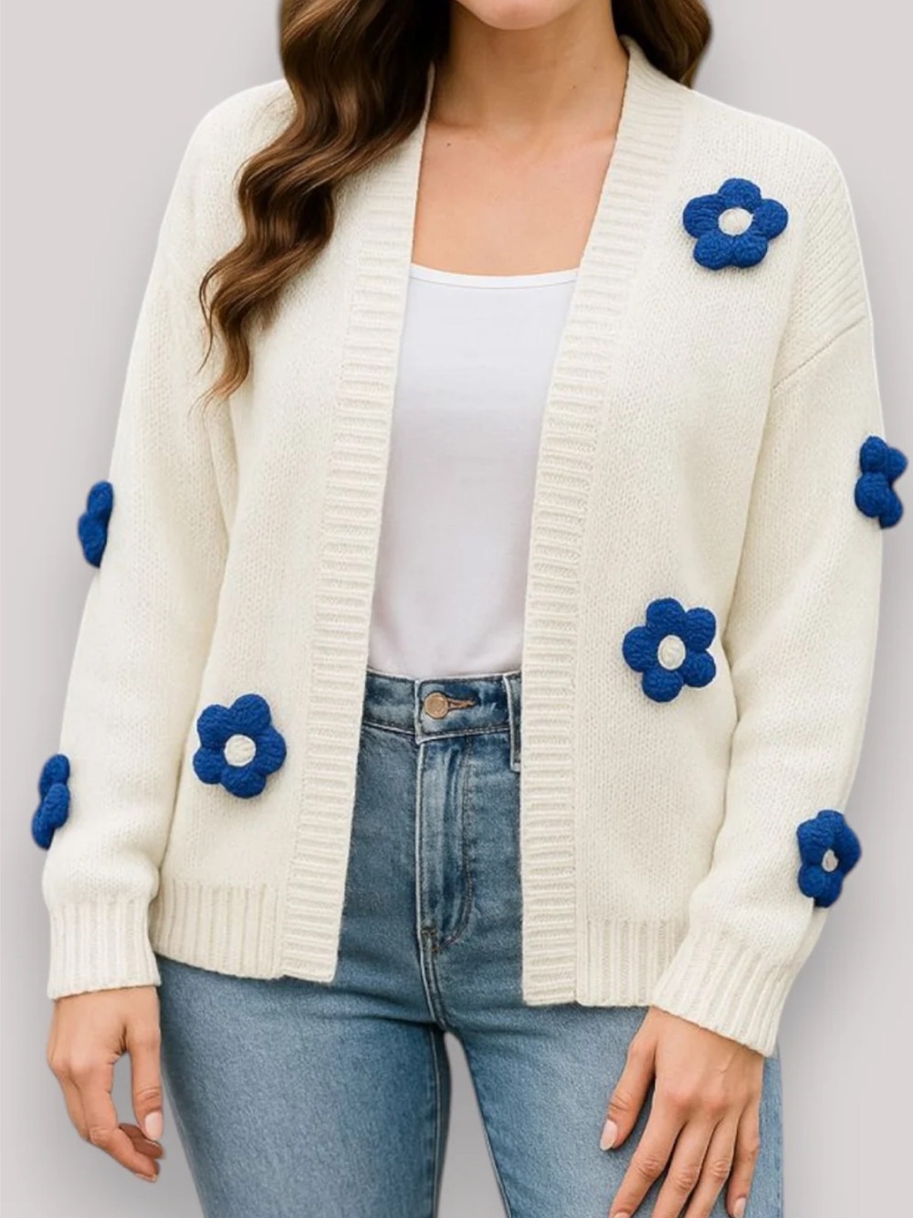 3D Crochet Appliqué Flower Open Front Balloon Sleeve Cardigan Ivory Blue Boho-L